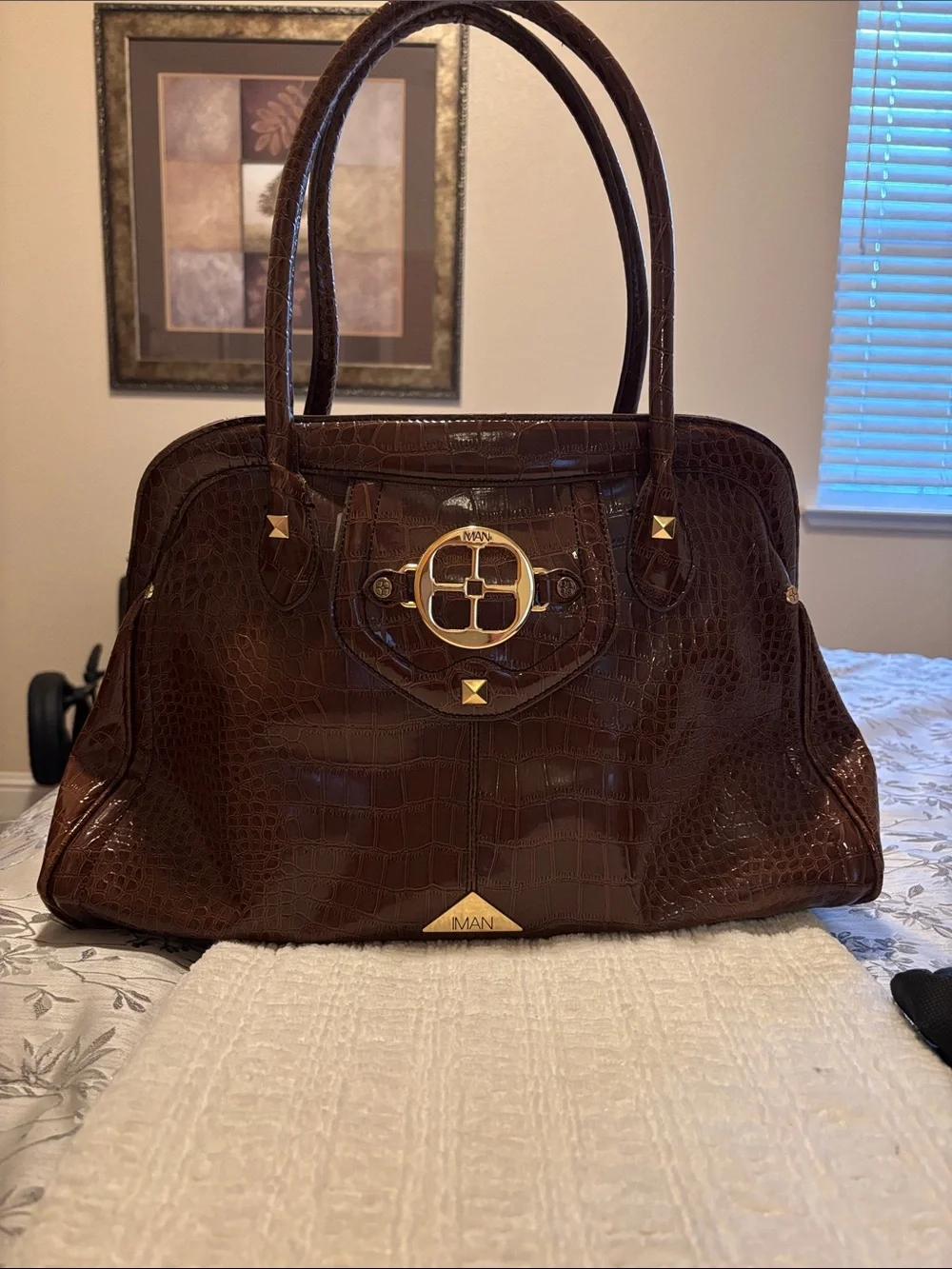 IMAN Dark Brown Croc-Embossed Tote with Gold Accents